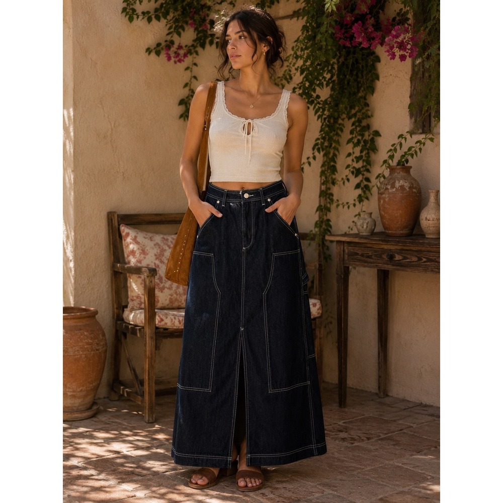 Liu Jo Denim Maxi Skirt Women 30 Blue Contrast Stitch Carpenter Italian Designer